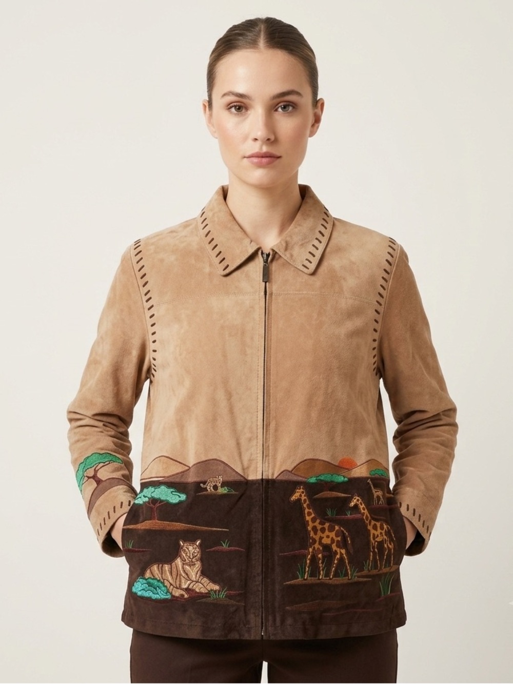 Vintage Quacker Factory Suede Leather Safari Jacket 3X Brown Giraffe Elephant